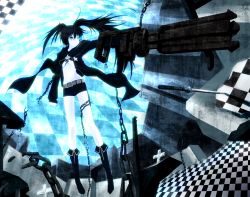 Rule 34 | 10s, 1girl, b.f, belt, bikini, bikini top only, black bikini, black hair, black rock shooter, black rock shooter (character), blue eyes, boots, cannon, chain, coat, flat chest, glowing, glowing eyes, gun, highres, huge weapon, katana, long hair, long legs, midriff, navel, pale skin, solo, swimsuit, sword, twintails, tyourou god, uneven twintails, weapon