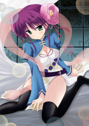 Rule 34 | 10s, 1girl, absurdres, black thighhighs, blush, breasts, campione!, chinese clothes, cleavage, green eyes, guhua67, head tilt, highres, long sleeves, looking at viewer, luo cuilian, puffy long sleeves, puffy sleeves, purple hair, red ribbon, ribbon, side slit, sitting, thighhighs, thighs, tsurime, wariza, window
