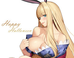 Rule 34 | 1girl, animal ears, arm support, bare shoulders, blonde hair, blue kimono, blush, breasts, cleavage, collarbone, commentary, commission, english commentary, english text, floral print, green eyes, halloween, happy halloween, hat, highres, japanese clothes, kimono, kimono tug, large breasts, light smile, long hair, long sleeves, looking at viewer, migu (iws2525), mole, mole under eye, original, pink lips, print kimono, rabbit ears, rabii, short kimono, silhouette, sitting, solo, upper body, white background, wide sleeves, witch hat