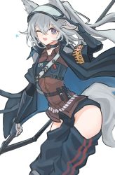Rule 34 | 1girl, ;d, animal ears, arknights, armband, black choker, black coat, black gloves, black pants, brown shirt, choker, coat, commentary, cowboy shot, flat chest, gloves, grani (arknights), grey eyes, hair between eyes, highres, hip vent, holding, holding polearm, holding weapon, horse ears, horse tail, infection monitor (arknights), looking at viewer, medium hair, one eye closed, open clothes, open coat, open mouth, pants, polearm, police, police uniform, ponytail, salute, shino duka, shirt, simple background, smile, solo, spear, star (symbol), tail, uniform, visor cap, weapon, white background