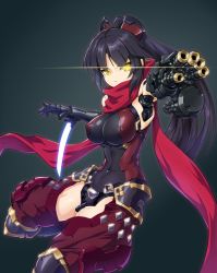 Rule 34 | 1girl, arm blade, black hair, blush, breasts, covered navel, cowboy shot, dated, fate/grand order, fate (series), foreshortening, glowing, glowing eye, joints, katou danzou (fate), large breasts, long hair, looking at viewer, mechanical arms, nandz, ponytail, red scarf, robot joints, scarf, signature, single mechanical arm, solo, weapon, yellow eyes