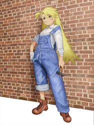 Rule 34 | 1girl, blonde hair, boots, breasts, brick wall, brown eyes, brown footwear, collared shirt, cross-laced footwear, denim, flasso, full body, gloves, hammer, highres, long hair, long sleeves, looking at viewer, mouth hold, nail, one side up, original, overalls, shirt, single glove, sleeves pushed up, solo, swept bangs, very long hair, white gloves, white shirt