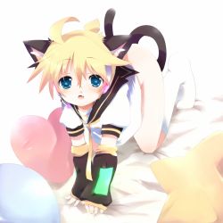 Rule 34 | 1boy, all fours, androgynous, animal ears, aqua eyes, bad id, bad pixiv id, bed, blonde hair, bottomless, cat boy, cat ears, cat tail, crawling, detached sleeves, headset, kagamine len, male focus, nail polish, open mouth, pillow, school uniform, short hair, socks, solo, suzugo@erorin, tail, vocaloid