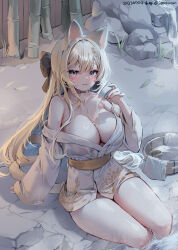 Rule 34 | 1girl, animal ears, black bow, blonde hair, bow, braid, breasts, bucket, cat ears, cat girl, cat tail, cleavage, commission, dated, grey eyes, hair bow, highres, japanese clothes, kimono, large breasts, light smile, long hair, long sleeves, onsen, original, shiro albino, sitting, smile, tail, thighs, towel, twitter username, water, wet, white kimono