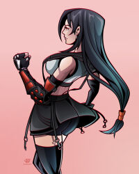 Rule 34 | 1girl, absurdres, ass, black bra, black gloves, black hair, black shorts, black skirt, black thighhighs, bra, breasts, clenched hand, crop top, dangle earrings, earrings, elbow gloves, elbow pads, final fantasy, final fantasy vii, final fantasy vii rebirth, final fantasy vii remake, fingerless gloves, gloves, hair tie, highres, james diato, jewelry, long hair, low-tied long hair, medium breasts, midriff, miniskirt, parted lips, pink background, red eyes, shirt, shorts, single elbow pad, skirt, sleeveless, sleeveless shirt, smile, solo, sports bra, suspenders, thighhighs, tifa lockhart, twitter username, underwear, upper body, white shirt