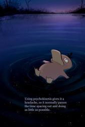 Rule 34 | afloat, black eyes, closed mouth, commentary request, creatures (company), english text, game freak, gen 1 pokemon, lying, night, nintendo, on back, outdoors, outstretched arms, pokemon, psuede, psyduck, ripples, water
