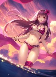 Rule 34 | 1girl, bangle, bare arms, bare shoulders, bikini, bracelet, breasts, bridal garter, cloud, cloudy sky, dutch angle, fate/grand order, fate (series), floating hair, flower, glint, gluteal fold, hair flower, hair intakes, hair ornament, highres, holding, jewelry, large breasts, long hair, looking at viewer, ocean, parted lips, pink bikini, purple hair, scathach (fate), shiny skin, skindentation, sky, solo, swimsuit, thigh gap, thighs, tidsean, twilight, underboob, very long hair, wading, water, wind