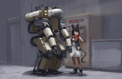 Rule 34 | 1girl, animal ears, artist name, black eyes, black footwear, black hair, breasts, commentary request, dress, grey vest, hand on own hip, highres, hozumi sousei, looking to the side, mecha, medium breasts, original, red scarf, robot, scarf, science fiction, tail, vending machine, vest, white dress