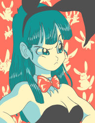 Rule 34 | 1girl, angry, animal ears, annoyed, bare shoulders, black leotard, blue eyes, blue hair, bow, bowtie, breasts, bulma, cleavage, dragon ball, dragon ball (classic), fake animal ears, frown, hand on own hip, highres, leotard, long hair, playboy bunny, rabbit, rabbit ears, solo, standing, upper body