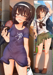 Rule 34 | 1girl, arm up, black hair, blush, breasts, brown eyes, collarbone, covered navel, girls und panzer, gluteal fold, green skirt, hair ornament, hairband, highres, impossible clothes, impossible skirt, long hair, looking at viewer, megadeko, miniskirt, multiple views, navel, ooarai school uniform, open mouth, outdoors, pleated skirt, reizei mako, school uniform, shiny skin, skirt, small breasts, smile