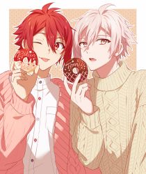 Rule 34 | 2boys, ;p, absurdres, aran sweater, border, buttons, cable knit, cardigan, character name, collared shirt, doughnut, food, highres, holding, holding food, idolish7, kujou tenn, long sleeves, looking at viewer, male focus, multiple boys, nanase riku, one eye closed, open mouth, outline, pink cardigan, pink eyes, pink hair, polka dot, polka dot background, red eyes, red hair, shirt, short hair, sweater, tongue, tongue out, unapoppo, upper body, white border, white outline, white shirt