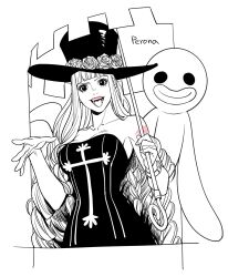 Rule 34 | 1girl, arm tattoo, blunt bangs, braided sidelock, character name, chinese commentary, commentary request, cross, dress, fangs, flower, ghost, greyscale, hat, highres, holding, holding umbrella, long hair, looking at viewer, monochrome, mush820823, one piece, open mouth, perona, red lips, rose, spot color, strapless, strapless dress, tattoo, top hat, umbrella, upper body, very long hair, watch, wristwatch