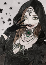 Rule 34 | 1girl, black gloves, black lips, blood, blood on face, breasts, brown hair, cleavage, commentary, daniela dimitrescu, gloves, goth fashion, head tattoo, hooded robe, jewelry, long hair, myaco9, necklace, resident evil, resident evil village, robe, solo, yellow eyes