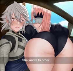 Rule 34 | 1boy, 1girl, absurdres, arcedo, armor, ass, ass focus, blush, corrin (fire emblem), corrin (male) (fire emblem), english text, fake phone screenshot, fake screenshot, felicia (fire emblem), fire emblem, fire emblem fates, from behind, grey hair, he wants to order (meme), highres, huge ass, long hair, looking down, maid, meme, nintendo, open mouth, panties, pink hair, pointy ears, ponytail, red eyes, shiny skin, short hair, smile, snapchat, thick thighs, thighs, underwear