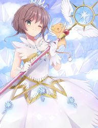 Rule 34 | 1girl, :3, :d, absurdres, antenna hair, arms up, bare arms, blue sky, breasts, brown hair, cardcaptor sakura, clear card, closed mouth, cloud, cloudy sky, creature, crown, day, dress, feathered wings, floating hair, gem, gloves, green eyes, hair between eyes, hair intakes, highres, holding, holding staff, kinomoto sakura, kokiri miki, one eye closed, open mouth, outdoors, see-through, short hair with long locks, sidelocks, sky, sleeveless, sleeveless dress, small breasts, smile, staff, star (symbol), tail, tareme, white dress, white gloves, white wings, wings, yume no tsue