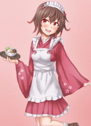 Rule 34 | 1girl, alternate costume, anti (untea9), apron, blush, brown hair, enmaided, floral print, food, gradient background, hair between eyes, highres, holding, holding tray, japanese clothes, kantai collection, kimono, long sleeves, maid, mutsuki (kancolle), open mouth, pink background, red eyes, red kimono, short hair, smile, solo, tray, wa maid, white apron, wide sleeves