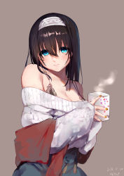 Rule 34 | 1girl, adapted costume, aqua eyes, bag, baggy clothes, beige background, black bra, black hair, blush, bra, breasts, cable knit, cleavage, closed mouth, coffee mug, collarbone, cup, dated, hair between eyes, hairband, highres, holding, holding cup, idolmaster, idolmaster cinderella girls, lace, lace-trimmed bra, lace trim, long hair, looking at viewer, medium breasts, mug, nail polish, off-shoulder shirt, off shoulder, ribbed sweater, sagisawa fumika, shawl, shiromonefu, shirt, solo, sweater, underwear, upper body, white sweater, yellow nails