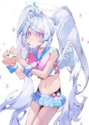Rule 34 | 1girl, angel, angel wings, blue eyes, blush, brain, breasts, drinking straw, expressionless, halo, highres, ichibi, litmus, long hair, navel, original, ribbon, skirt, small breasts, straw, twintails, very long hair, white hair, wings