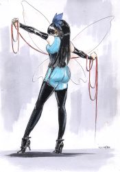 Rule 34 | 1girl, aged up, alternate costume, ankle strap, ass, bare shoulders, black corset, black footwear, black gloves, black hair, blue bodysuit, blue bow, bodysuit, boots, bow, commentary, corset, dated, dominatrix, elbow gloves, english commentary, fairy wings, from behind, full body, gloves, high heels, latex, latex legwear, latex suit, latex thighhighs, long hair, looking at viewer, looking back, mary janes, rumiak, shiny clothes, shoes, skin tight, sleeveless, solo, standing, star sapphire, strappy heels, string, string of fate, thigh boots, thighhighs, touhou, traditional media, wings, yellow eyes