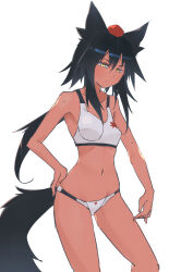 Rule 34 | 1girl, absurdres, alternate hair color, alternate skin color, animal ears, bikini, black hair, breasts, brown eyes, closed mouth, commentary request, hat, highres, inubashiri momiji, kakaricho dairi, looking at viewer, medium breasts, medium hair, navel, red hat, sidelocks, simple background, solo, swimsuit, tail, tokin hat, touhou, white background, white bikini, wolf ears, wolf girl, wolf tail