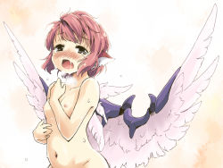 Rule 34 | 1girl, animal ears, black eyes, blush, female focus, flat chest, messy hair, mystia lorelei, navel, nipples, no headwear, nude, open mouth, out-of-frame censoring, pink hair, saliva, short hair, solo, tears, touhou, upper body, wings, yudepii