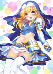 Rule 34 | 1girl, :d, armor, arms at sides, belt, belt buckle, blonde hair, blue eyes, blue skirt, blush, breasts, bucchake (asami), buckle, commentary request, crop top, cross, cross necklace, faulds, from below, gauntlets, habit, jewelry, layered skirt, long hair, looking down, midriff, multicolored background, navel, necklace, nurse, ootomo sourin (sengoku otome), open mouth, panties, pauldrons, sengoku otome, shoulder armor, skirt, small breasts, smile, solo, stomach, tareme, thighhighs, underwear, white thighhighs