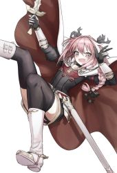 Rule 34 | 1girl, :d, astolfo (fate), black thighhighs, blush, boots, braid, cape, commentary, convenient leg, falling, fang, fate/apocrypha, fate (series), fur trim, gauntlets, hair between eyes, hair ribbon, hand up, holding, holding sword, holding weapon, juliet sleeves, long hair, long sleeves, looking at viewer, male focus, mins (minevi), multicolored hair, open mouth, pink eyes, pink hair, puffy sleeves, red cape, ribbon, sheath, simple background, single braid, smile, solo, streaked hair, sword, thighhighs, tress ribbon, unsheathed, w, weapon, white background, white footwear