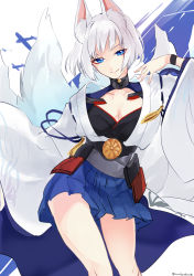 Rule 34 | 1girl, animal ears, annojou haruto, azur lane, blue eyes, breasts, cleavage, collarbone, commentary request, eyeshadow, fox ears, fox tail, highres, japanese clothes, kaga (azur lane), looking at viewer, makeup, multiple tails, pleated skirt, short hair, sketch, skirt, smile, solo, tail, twitter username, white hair
