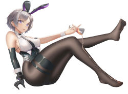 Rule 34 | 1girl, animal ears, arm strap, azur lane, black leotard, black necktie, black pantyhose, breasts, cup, elbow gloves, fake animal ears, gloves, highleg, highleg leotard, highres, holding, holding cup, large breasts, leotard, leotard under clothes, looking at viewer, luoloo, mechanical hands, metal gloves, necktie, off-shoulder shirt, off shoulder, official alternate costume, pantyhose, parted hair, playboy bunny, pouring, pouring onto self, rabbit ears, reno (azur lane), reno (reno bunnino) (azur lane), see-through, see-through shirt, shirt, shoes, unworn shoes, side-tie leotard, simple background, single elbow glove, single mechanical hand, sitting, soles, solo, white background, white necktie, wrist cuffs