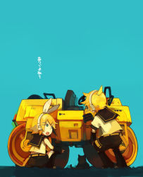 Rule 34 | 1boy, 1girl, blonde hair, blue eyes, brother and sister, cat, glider (artist), guraida, hair ribbon, headphones, kagamine len, kagamine rin, open mouth, pointing, ribbon, steamroller, roadroller, short hair, siblings, sitting, steamroller, translated, twins, vocaloid