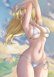 Rule 34 | 1girl, absurdres, armpits, arms behind head, bikini, blonde hair, breasts, cleavage, green eyes, highres, large breasts, legs, long hair, navel, original, solo, striped bikini, striped clothes, swimsuit, thick thighs, thighs, toned, underboob