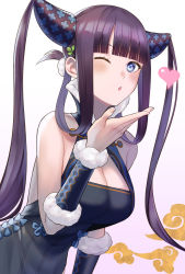 Rule 34 | 1girl, bare shoulders, black dress, blue eyes, blunt bangs, blush, breasts, china dress, chinese clothes, cleavage, detached sleeves, dress, fate/grand order, fate (series), gradient background, hair ornament, heart, highres, large breasts, long hair, looking at viewer, one eye closed, open mouth, purple hair, sidelocks, tsuchifumazu, twintails, very long hair, yang guifei (fate), yang guifei (second ascension) (fate)