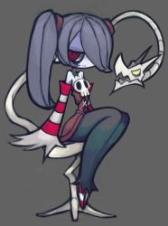 Rule 34 | blue hair, blue skin, chibi, colored skin, detached collar, detached sleeves, grey background, hair over one eye, highres, leviathan (skullgirls), red eyes, side ponytail, sitting, skullgirls, squigly (skullgirls), stitched mouth, stitches, striped legwear, zombie