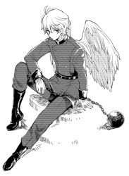 Rule 34 | 10s, 1boy, aldnoah.zero, angel wings, ball and chain restraint, boots, dithering, double-breasted, greyscale, male focus, military, military uniform, monochrome, sitting, slaine troyard, solo, uniform, wings, zerotted
