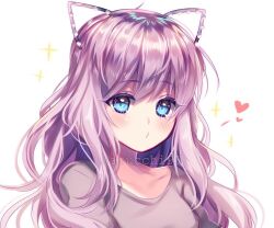 Rule 34 | 1girl, :t, animal ears, arms at sides, artist name, blue eyes, blush, cat ears, collarbone, colored eyelashes, commentary, english commentary, fake animal ears, grey shirt, heart, long hair, messy hair, original, purple hair, sasucchi95, shirt, solo, sparkle, upper body, white background