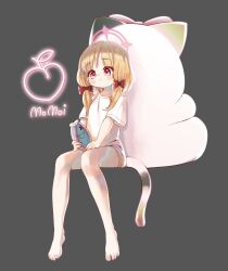 Rule 34 | 1girl, ansan ey, barefoot, blonde hair, blue archive, bow, cat tail, character name, closed mouth, full body, grey background, hair bow, halo, highres, korean commentary, mixed-language commentary, momoi (blue archive), pink halo, red bow, red eyes, shirt, short hair, short sleeves, simple background, solo, stuffed animal, stuffed fish, stuffed toy, tail, white shirt