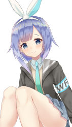 Rule 34 | 1girl, black jacket, blue eyes, blue hair, blue skirt, blush, breasts, closed mouth, collared shirt, commentary request, dutch angle, green necktie, hair ribbon, hairband, highres, hood, hood down, hooded jacket, jacket, knees up, looking at viewer, mimikaki (men bow), monokaki aer, necktie, open clothes, open jacket, pleated skirt, re aer, ribbon, shirt, sidelocks, simple background, sitting, skirt, small breasts, smile, solo, virtual youtuber, white background, white hairband, white ribbon, white shirt
