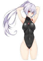 Rule 34 | 1girl, absurdres, armpits, arms up, fate/grand order, fate (series), highres, leotard, long hair, ponytail, red eyes, silver hair, simple background, skin tight, tomoe gozen (fate), tying hair, watosu (watosu mama), white background