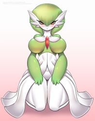 Rule 34 | 1girl, blush, breasts, closed mouth, creatures (company), full body, game freak, gardevoir, gen 3 pokemon, gluteal fold, gradient background, green hair, hair between eyes, highres, kneeling, kyodashiro, large breasts, looking at viewer, nintendo, no humans, pink background, pokemon, pokemon (creature), red eyes, seiza, short hair, sitting, solo, thigh gap, two-tone background, white background