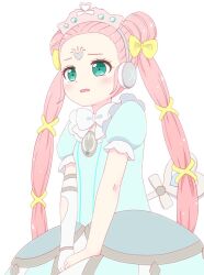 Rule 34 | 1girl, blue dress, bow, commentary request, cowboy shot, double bun, dress, gloves, green eyes, hair bow, hair bun, idol land pripara, long hair, looking ahead, looking at viewer, multi-tied hair, nervous, open mouth, pink hair, pororo (pripara), power symbol, pretty series, pripara, puffy short sleeves, puffy sleeves, short sleeves, simple background, solo, standing, tearing up, torayu, twintails, very long hair, white background, white bow, white gloves, winding key, yellow bow