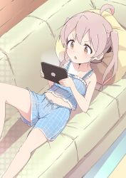 Rule 34 | 1girl, :o, absurdres, ahoge, bare arms, bare legs, bare shoulders, breasts, brown eyes, c:, collarbone, commentary, couch, cushion, genderswap, genderswap (mtf), hair tie, highres, holding, holding tablet pc, indoors, kaai yuu, long hair, loungewear, lying, midriff, navel, on back, on couch, onii-chan wa oshimai!, open mouth, oyama mahiro, pink hair, small breasts, smile, solo, tablet pc, twintails