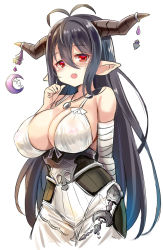 Rule 34 | 1girl, antenna hair, bandaged arm, bandages, black gloves, black hair, breasts, cleavage, crescent, danua, draph, dress, fang, gloves, granblue fantasy, hair between eyes, highres, horn ornament, horns, jewelry, large breasts, long hair, necklace, pointy ears, red eyes, solo, unname, white dress