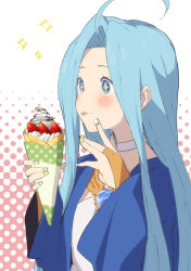 Rule 34 | + +, 1girl, ahoge, blue eyes, blue hair, blush, brooch, choker, closed mouth, crepe, dress, food, fruit, granblue fantasy, green nails, halftone, halftone background, holding, holding food, jewelry, long hair, lyria (granblue fantasy), mifuta, nail polish, sidelocks, solo, sparkle, strawberry, tongue, tongue out, upper body, whipped cream, white dress