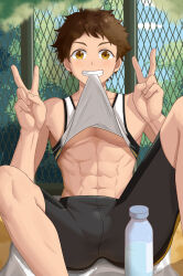 Rule 34 | 1boy, :d, abs, absurdres, bare arms, bare shoulders, bike shorts, black shorts, blush, bottle, brown eyes, brown hair, bulge, chain-link fence, clothes lift, collarbone, crotch seam, day, double v, ensemble stars!, fence, grin, hands up, highres, knees up, kogatetora, lifting own clothes, looking at viewer, male focus, mouth hold, navel, open mouth, outdoors, pectorals, shirt lift, short hair, shorts, sitting, sleeveless, smile, solo, sportswear, spread legs, tank top, tenma mitsuru, toned, toned male, underpec, v, water bottle