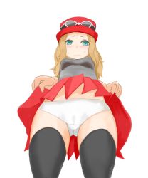 Rule 34 | 1girl, absurdres, black shirt, black thighhighs, blonde hair, blue eyes, blush, breasts, clothes lift, creatures (company), embarrassed, female focus, from below, game freak, glasses, half-closed eyes, hat, highres, legs apart, lifting own clothes, long hair, looking at viewer, medium breasts, nakanun, nintendo, panties, pantyshot, pleated skirt, pokemon, pokemon xy, red hat, red skirt, serena (pokemon), shirt, simple background, skirt, skirt lift, solo, standing, sunglasses, sunglasses on head, sweat, thighhighs, underwear, upskirt, wavy mouth, white-framed eyewear, white background, white panties