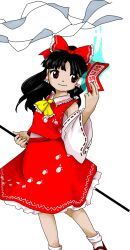 Rule 34 | 1girl, ascot, between fingers, black hair, blush stickers, bow, closed mouth, gohei, hair bow, hakurei reimu, holding, holding gohei, japanese clothes, long hair, non-web source, nontraditional miko, official art, ofuda, ofuda between fingers, paw print, red bow, red eyes, red skirt, skirt, smile, socks, solo, touhou, transparent background, unfinished dream of all living ghost, white socks, yellow ascot, zun (artist)