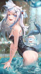 Rule 34 | 1girl, bare shoulders, black one-piece swimsuit, blue eyes, fins, fish tail, gawr gura, highres, hololive, hololive english, koromay ho, looking at viewer, one-piece swimsuit, partially submerged, pool, shark tail, solo, splashing, swimsuit, tail, virtual youtuber, water, white hair