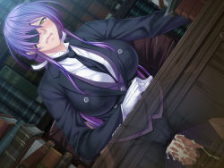 Rule 34 | 1boy, 1girl, black lilith, blush, book, breasts, butler, censored, chair, clothed sex, covered erect nipples, cum, cum in pussy, eyepatch, formal, game cg, gloves, hetero, kagami hirotaka, large breasts, long hair, necktie, onmyou kishi towako, open mouth, orgasm, penetration through clothes, penis, purple hair, sex, shiki reika, sitting, sitting on person, suit, sweat, table, through clothes, vaginal, yellow eyes