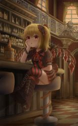 Rule 34 | 1girl, alcohol, alternate costume, blonde hair, book, bookshelf, boots, brown footwear, chair, cross-laced footwear, flandre scarlet, hair ribbon, head rest, highres, indoors, jack daniel&#039;s, jewelry, lace-up boots, looking at viewer, multiple girls, no headwear, puffy short sleeves, puffy sleeves, red eyes, ribbon, short hair, short sleeves, sitting, solo, striped clothes, striped thighhighs, thighhighs, touhou, user apeg8484, whiskey, wings