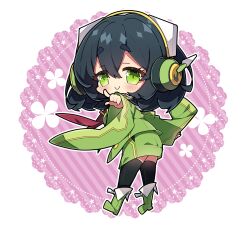 Rule 34 | 1girl, black hair, black thighhighs, blush, boots, closed mouth, commentary request, diagonal stripes, floral background, from behind, green eyes, green footwear, green jacket, green skirt, hair between eyes, headphones, highres, jacket, kyoumachi seika, long hair, long sleeves, looking back, milkpanda, necktie, red necktie, short eyebrows, skirt, smile, solo, striped, striped background, thick eyebrows, thighhighs, thighhighs under boots, tie clip, voiceroid, wide sleeves